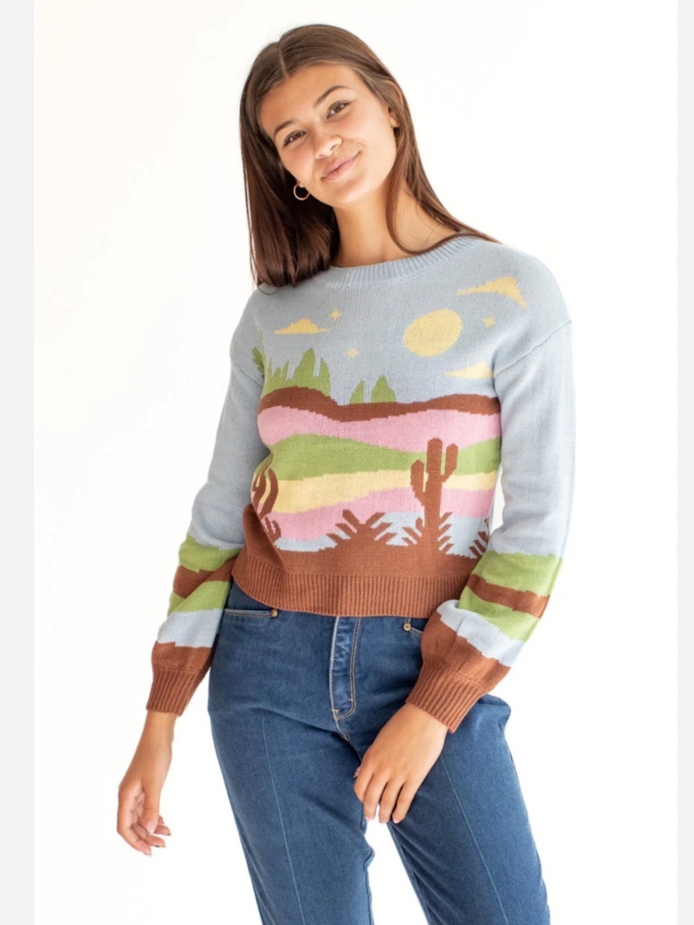 Vintage Light Blue Western Landscape Crewneck Sweater - Picture 1 of 6